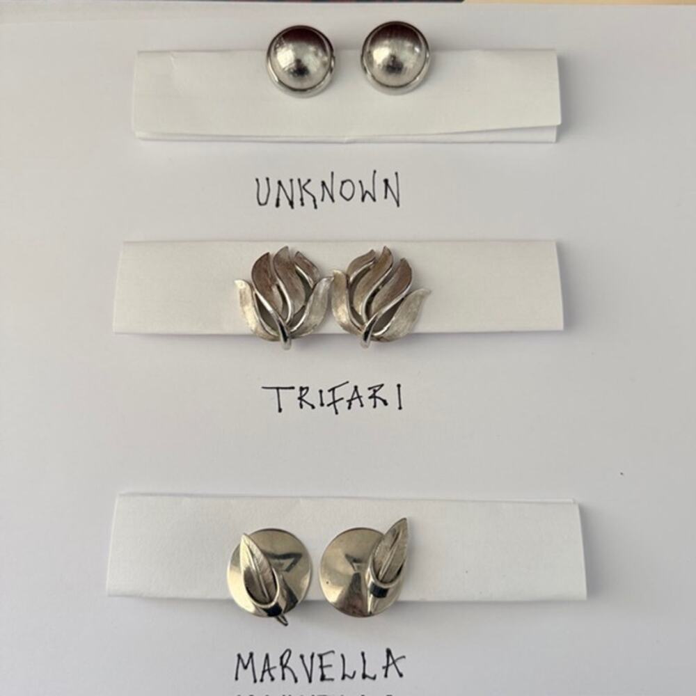 Lot of 3 Vintage Silver Tone‎ Clip-On Earrings Marvella Trifari Unknown 60s 70s